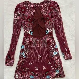 Embroidered Burgundy Long-Sleeve Mini Dress